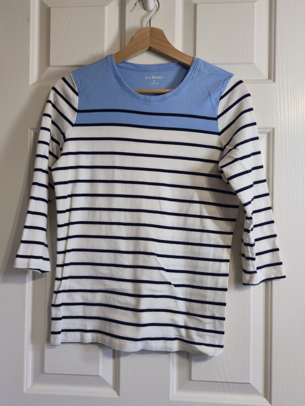 Kim Rogers Women's Blue/White 3/4 Striped Cotton Knit Crew Neck Tee Size M